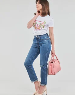 Online Guess - SS CN TRIANGLE FLOWERS TEE Blanc